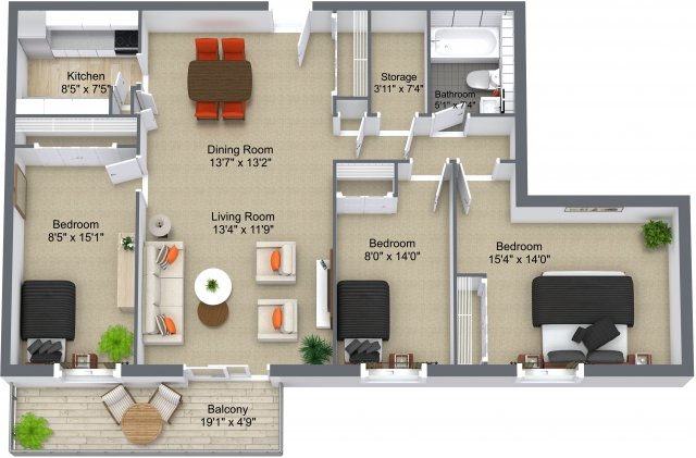 Three bedrooms layout